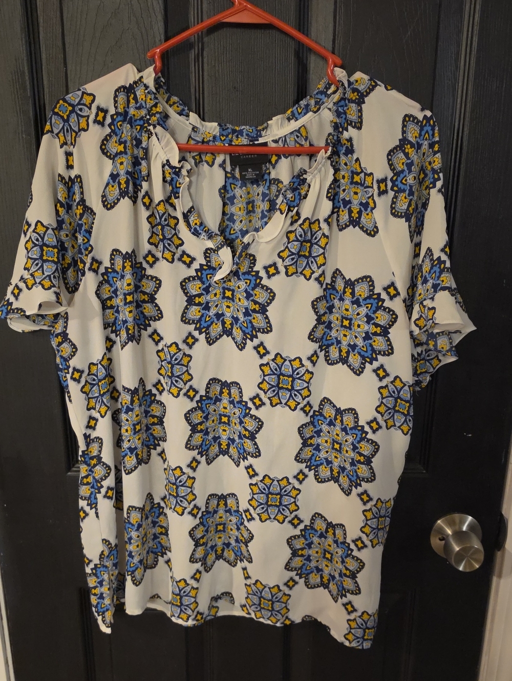 White Floral Medallion Short Sleeve Blouse with Blue & Yellow Accents